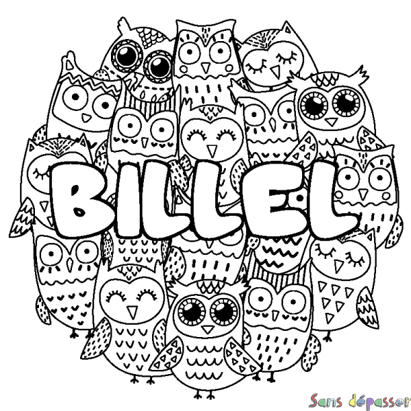 Coloriage pr&eacute;nom BILLEL - d&eacute;cor Chouettes