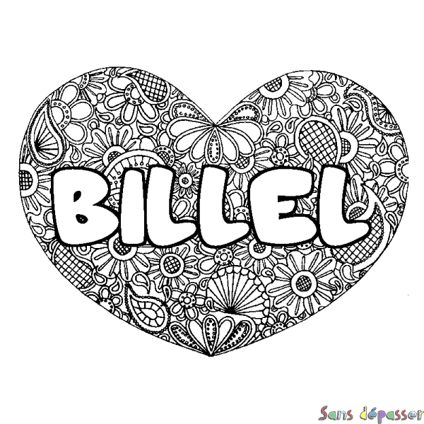 Coloriage pr&eacute;nom BILLEL - d&eacute;cor Mandala coeur