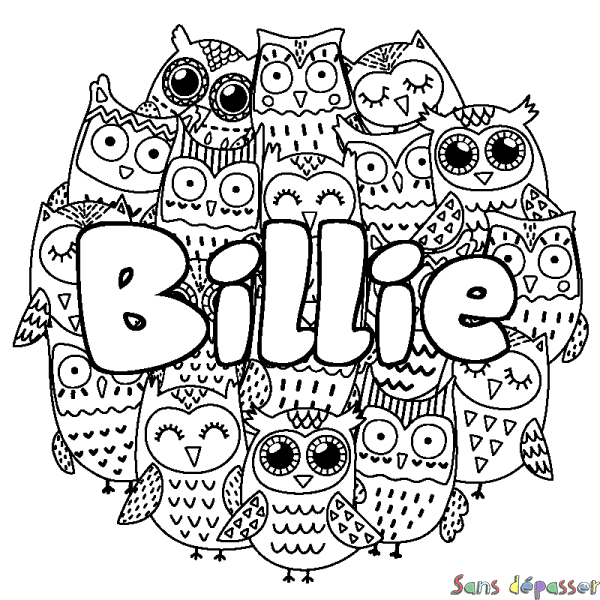 Coloriage pr&eacute;nom Billie - d&eacute;cor Chouettes