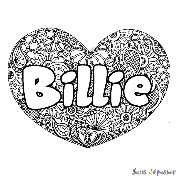 Coloriage pr&eacute;nom Billie - d&eacute;cor Mandala coeur