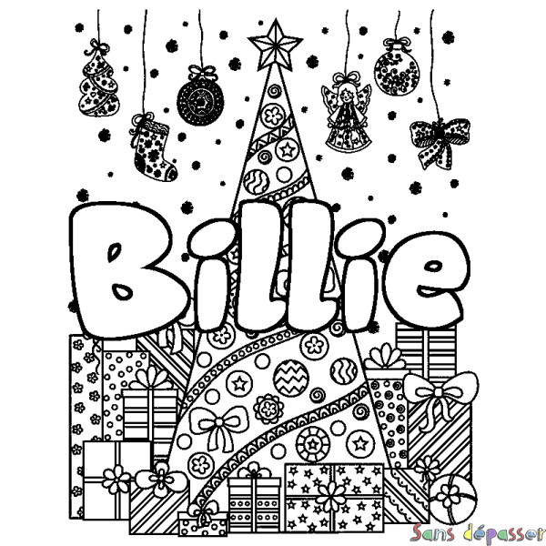 Coloriage pr&eacute;nom Billie - d&eacute;cor Sapin et Cadeaux