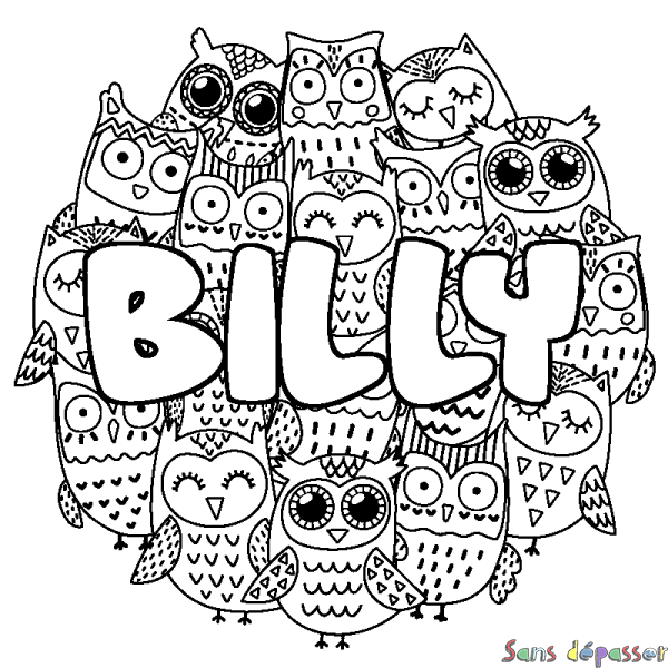 Coloriage pr&eacute;nom BILLY - d&eacute;cor Chouettes