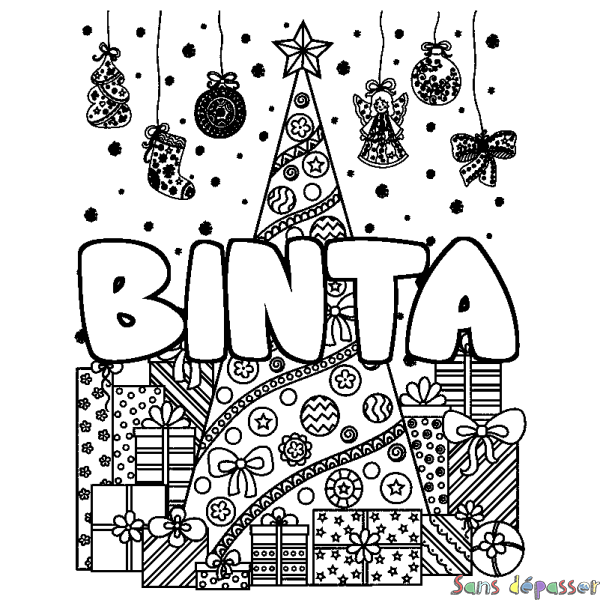 Coloriage pr&eacute;nom BINTA - d&eacute;cor Sapin et Cadeaux