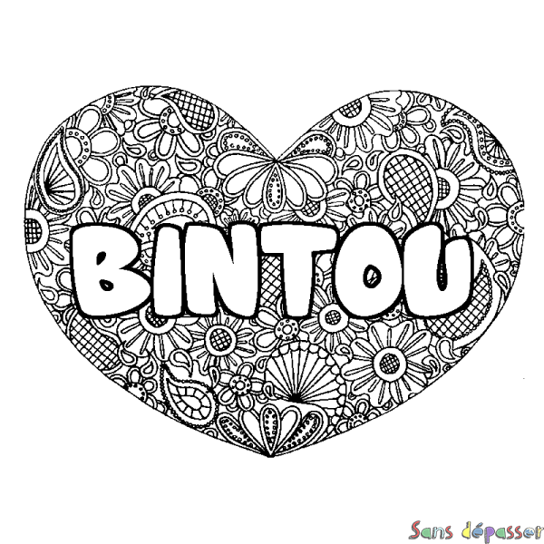 Coloriage pr&eacute;nom BINTOU - d&eacute;cor Mandala coeur