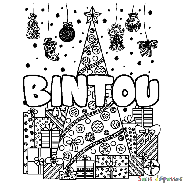 Coloriage pr&eacute;nom BINTOU - d&eacute;cor Sapin et Cadeaux