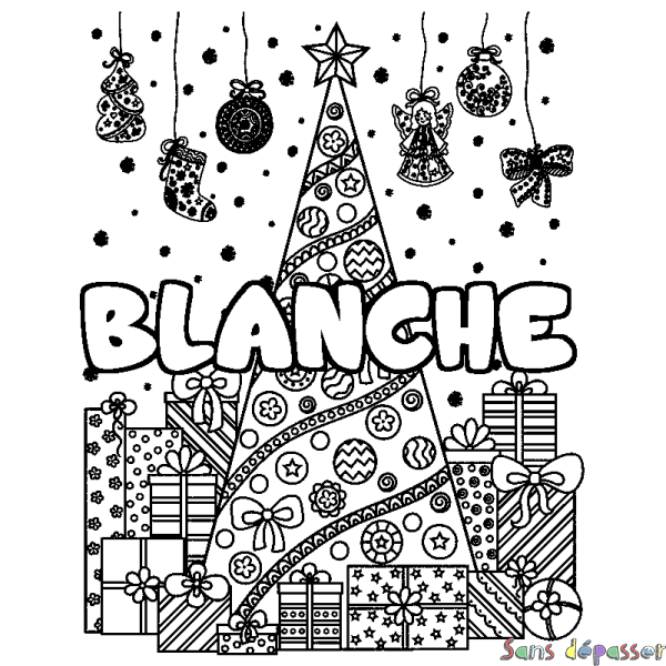 Coloriage prénom BLANCHE - d&eacute;cor Sapin et Cadeaux