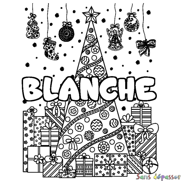 Coloriage pr&eacute;nom BLANCHE - d&eacute;cor Sapin et Cadeaux