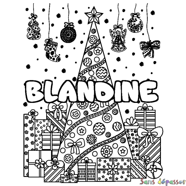 Coloriage prénom BLANDINE - d&eacute;cor Sapin et Cadeaux
