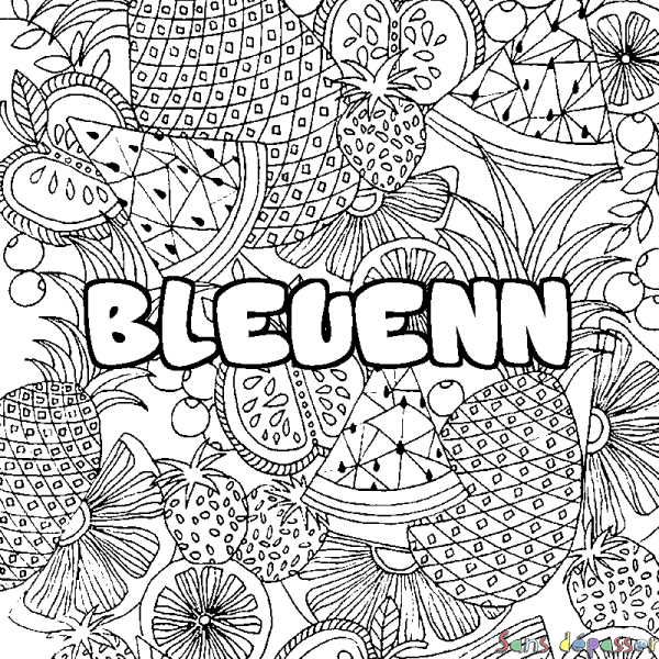 Coloriage pr&eacute;nom BLEUENN - d&eacute;cor Mandala fruits