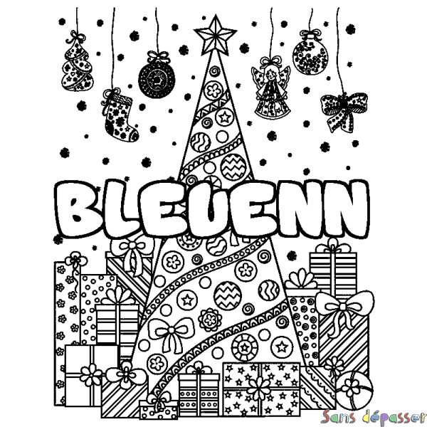 Coloriage pr&eacute;nom BLEUENN - d&eacute;cor Sapin et Cadeaux