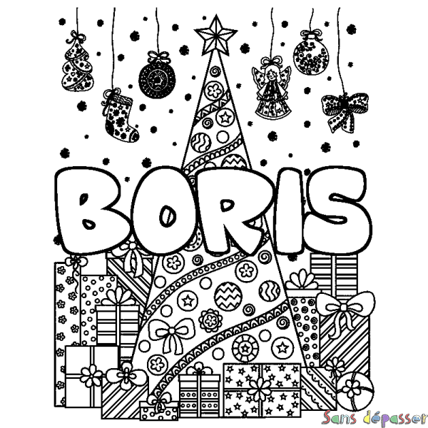 Coloriage pr&eacute;nom BORIS - d&eacute;cor Sapin et Cadeaux