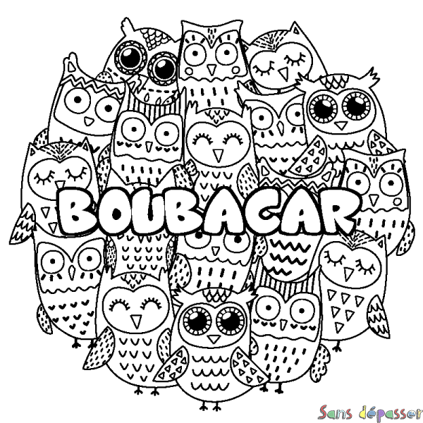 Coloriage prénom BOUBACAR - d&eacute;cor Chouettes
