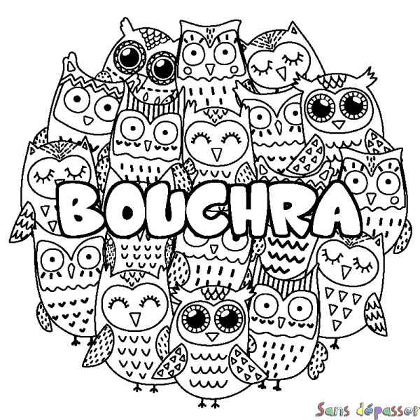 Coloriage prénom BOUCHRA - d&eacute;cor Chouettes