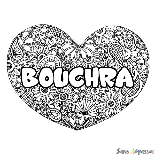 Coloriage prénom BOUCHRA - d&eacute;cor Mandala coeur