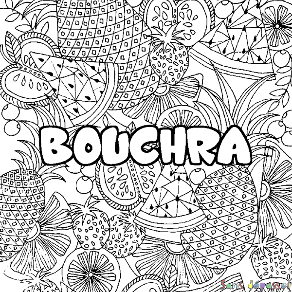 Coloriage pr&eacute;nom BOUCHRA - d&eacute;cor Mandala fruits