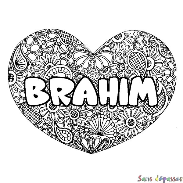 Coloriage pr&eacute;nom BRAHIM - d&eacute;cor Mandala coeur