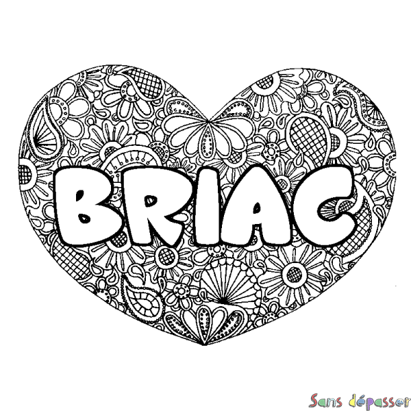 Coloriage pr&eacute;nom BRIAC - d&eacute;cor Mandala coeur
