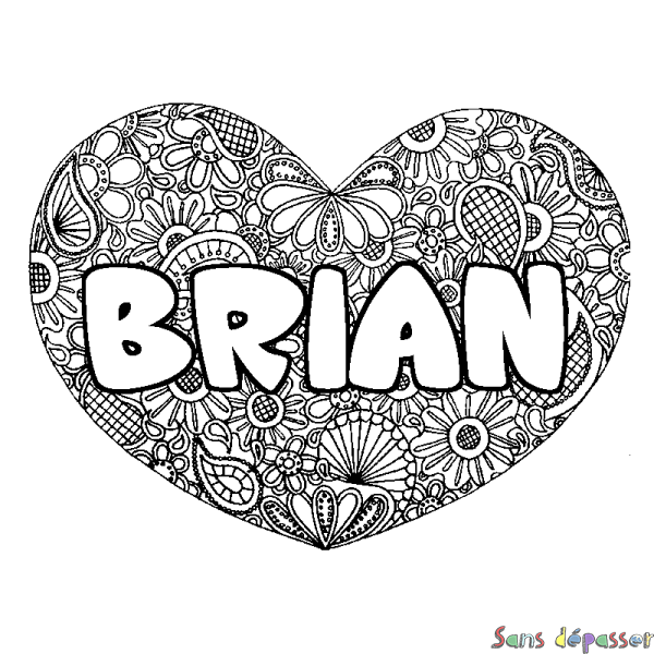 Coloriage pr&eacute;nom BRIAN - d&eacute;cor Mandala coeur
