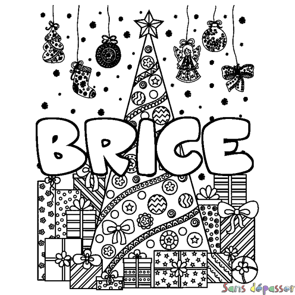 Coloriage prénom BRICE - d&eacute;cor Sapin et Cadeaux