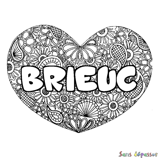 Coloriage pr&eacute;nom BRIEUC - d&eacute;cor Mandala coeur