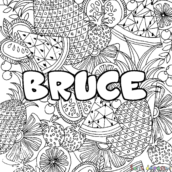 Coloriage pr&eacute;nom BRUCE - d&eacute;cor Mandala fruits
