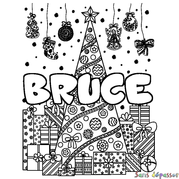 Coloriage pr&eacute;nom BRUCE - d&eacute;cor Sapin et Cadeaux