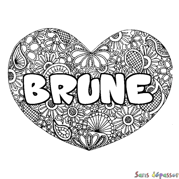 Coloriage pr&eacute;nom BRUNE - d&eacute;cor Mandala coeur