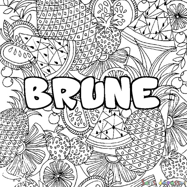 Coloriage prénom BRUNE - d&eacute;cor Mandala fruits