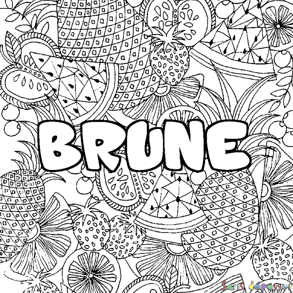 Coloriage pr&eacute;nom BRUNE - d&eacute;cor Mandala fruits