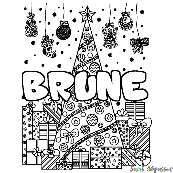 Coloriage pr&eacute;nom BRUNE - d&eacute;cor Sapin et Cadeaux