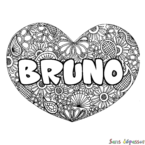 Coloriage pr&eacute;nom BRUNO - d&eacute;cor Mandala coeur