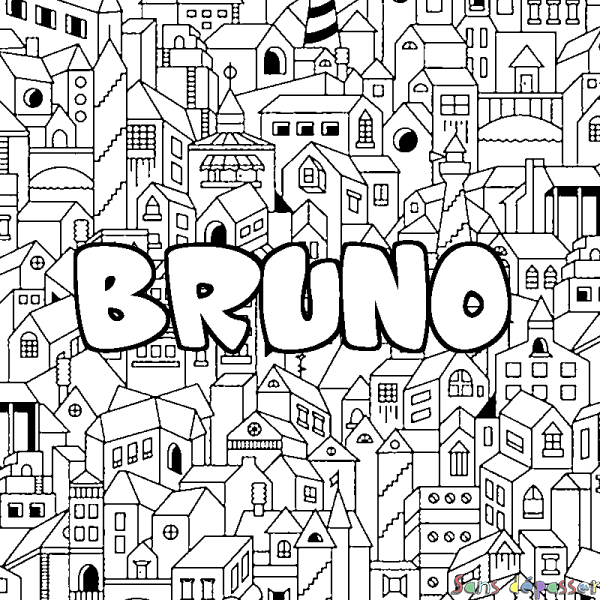 Coloriage pr&eacute;nom BRUNO - d&eacute;cor Ville