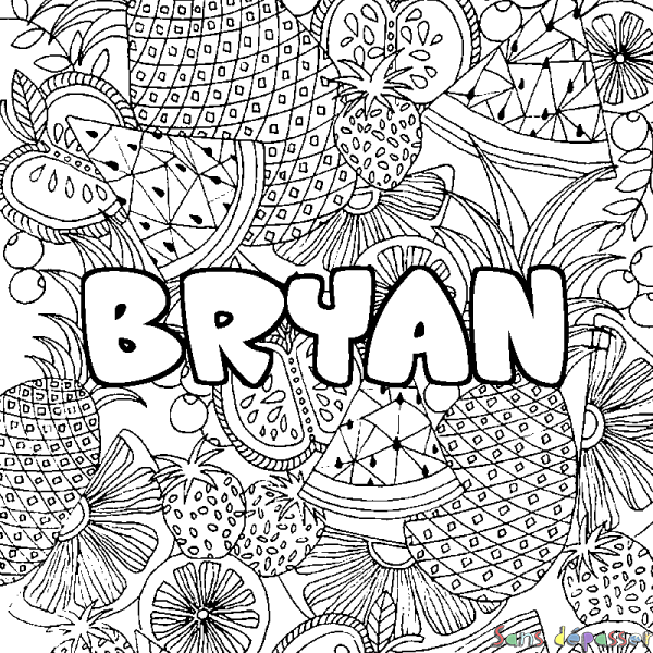 Coloriage pr&eacute;nom BRYAN - d&eacute;cor Mandala fruits