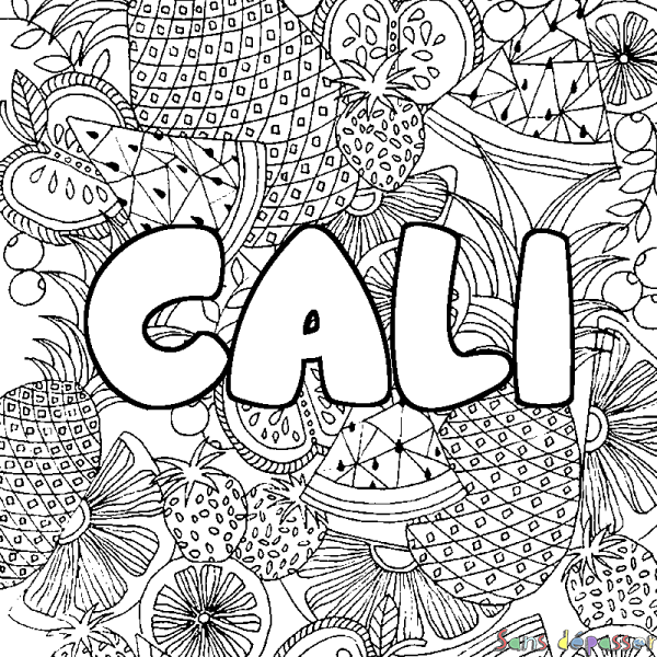 Coloriage pr&eacute;nom CALI - d&eacute;cor Mandala fruits