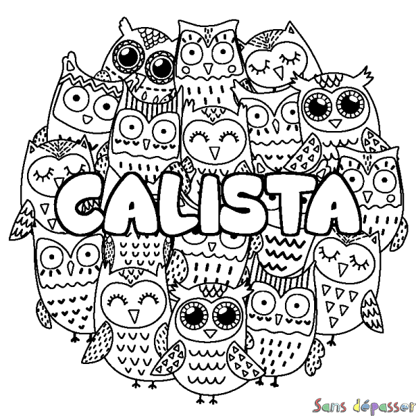 Coloriage pr&eacute;nom CALISTA - d&eacute;cor Chouettes