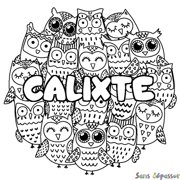 Coloriage pr&eacute;nom CALIXTE - d&eacute;cor Chouettes