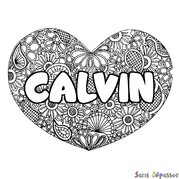 Coloriage prénom CALVIN - d&eacute;cor Mandala coeur