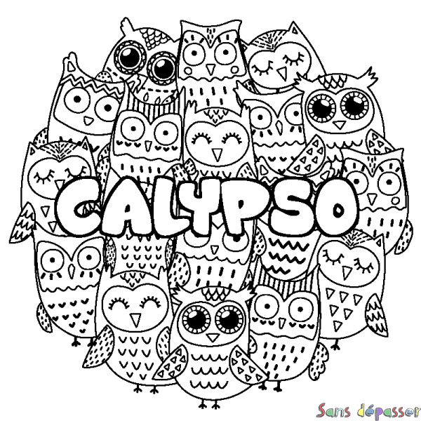 Coloriage pr&eacute;nom CALYPSO - d&eacute;cor Chouettes