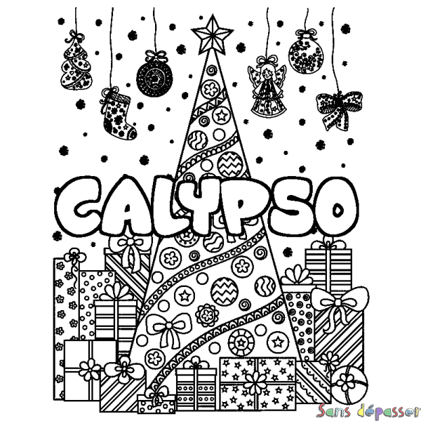 Coloriage prénom CALYPSO - d&eacute;cor Sapin et Cadeaux