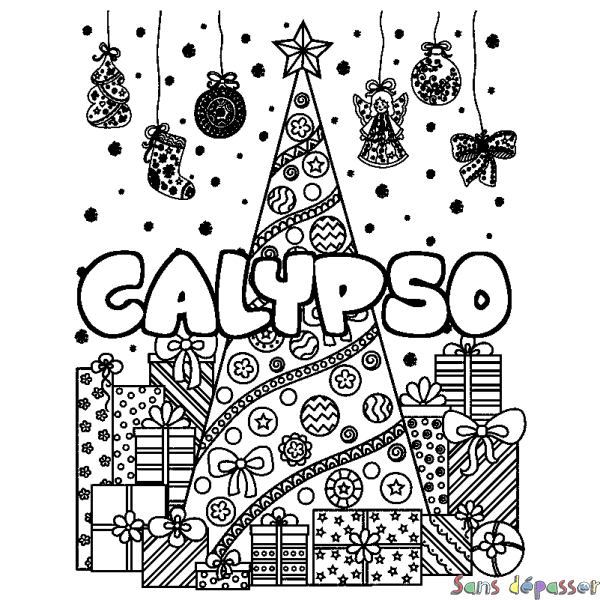 Coloriage pr&eacute;nom CALYPSO - d&eacute;cor Sapin et Cadeaux