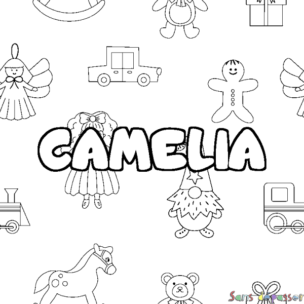 Coloriage pr&eacute;nom CAMELIA - d&eacute;cor Jouets