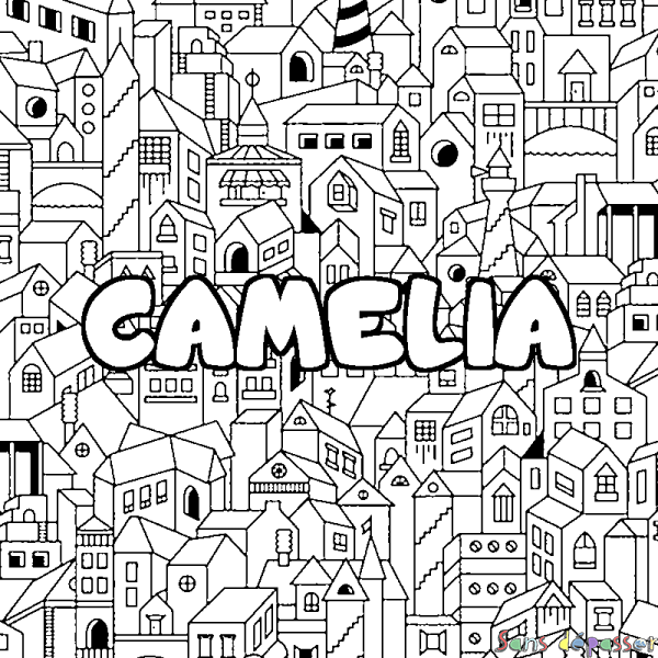 Coloriage pr&eacute;nom CAMELIA - d&eacute;cor Ville