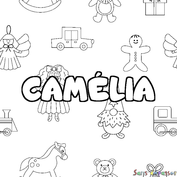 Coloriage pr&eacute;nom CAM&Eacute;LIA - d&eacute;cor Jouets