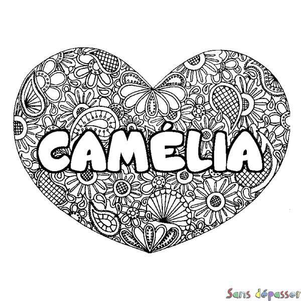 Coloriage pr&eacute;nom CAM&Eacute;LIA - d&eacute;cor Mandala coeur