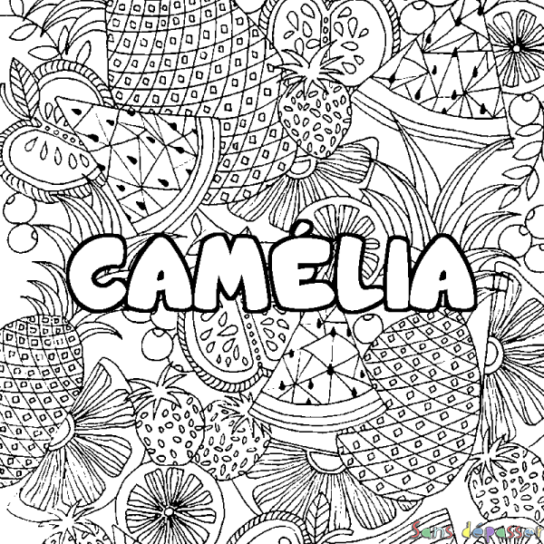 Coloriage pr&eacute;nom CAM&Eacute;LIA - d&eacute;cor Mandala fruits