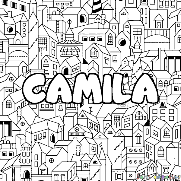 Coloriage pr&eacute;nom CAMILA - d&eacute;cor Ville