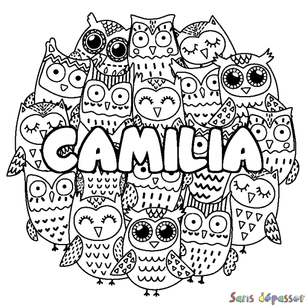 Coloriage pr&eacute;nom CAMILIA - d&eacute;cor Chouettes