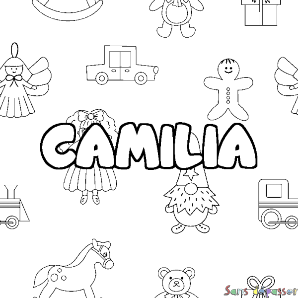 Coloriage pr&eacute;nom CAMILIA - d&eacute;cor Jouets