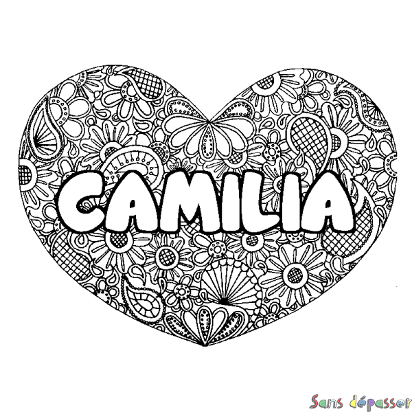 Coloriage pr&eacute;nom CAMILIA - d&eacute;cor Mandala coeur