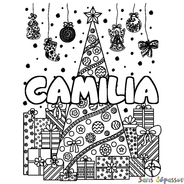 Coloriage pr&eacute;nom CAMILIA - d&eacute;cor Sapin et Cadeaux